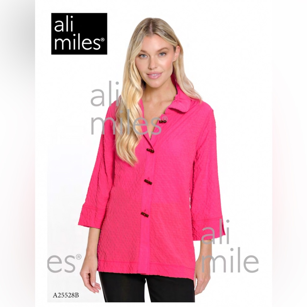 Ali Miles Woven Textured Button Front‎ Blouse Toggle Closure Shirt Size Large